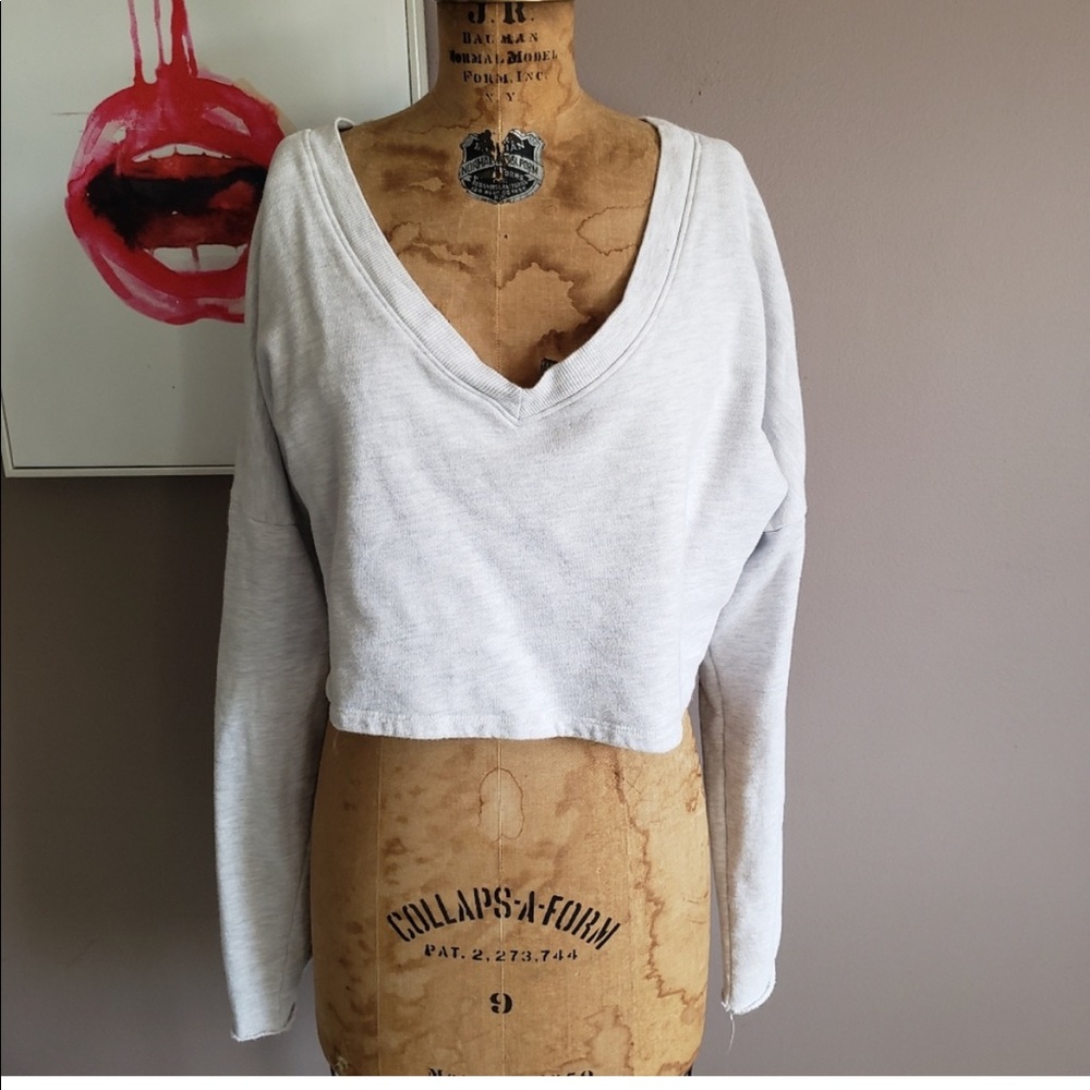 Joah Brown Pearl Grey French Terry Deep V Neck Cropped Sweatshirt Rolled Sleeve